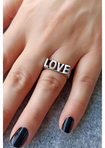 Antik Gümüş Kaplama Love Şekilli El Yapımı Ayarlanabilir Yüzük