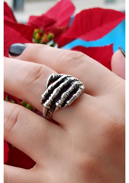 Antik Gümüş Kaplama Ejderha Eli Şekilli El Yapımı Ayarlanabilir Yüzük