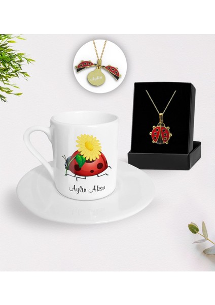 Kişiye Özel Uğurböceği Temalı Türk Kahvesi Fincanı ve Açılan Uğurböceği Kolye Hediye Seti-2