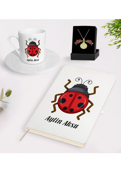 Kişiye Özel Uğurböceği Temalı Beyaz Defter Türk Kahvesi Fincanı ve Açılan Uğurböceği Kolye Hediye Seti-1