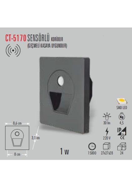 CT-5170 1W Sens.ledli Kor. Armatür (Siyah Kasa-Beyaz) Cata fiyatları