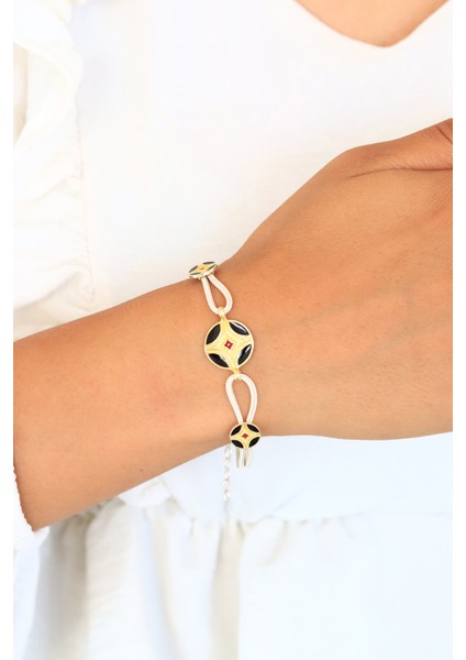 Siyah Mineli Mardin Hasırı Örgü Gümüş Bileklik