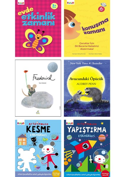 – Evde Etkinlik Zamanı + Konuşma Zamanı + Frederick + Avucundaki Öpücük + Kesme Etkinlikleri + Yapıştırma Etkinlikleri / 6lı Çocuk Kitap ve Aktivite Seti