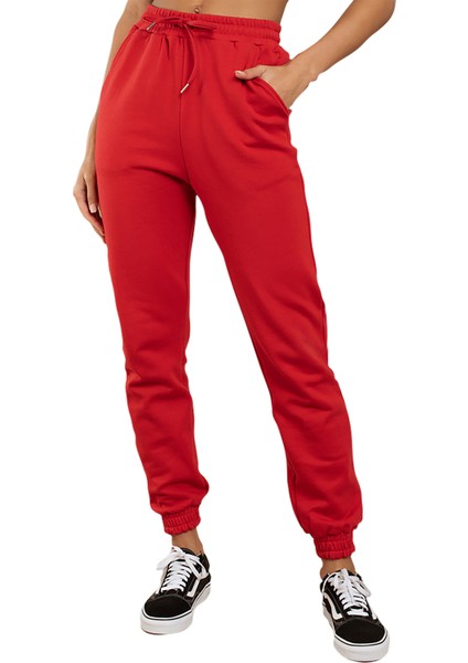 Unisex Kışlık Diagonal Kumaş Elastik Bel Joggers Pantolon Eşofman Altı Kırmızı