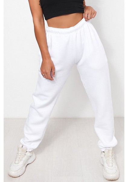 Unisex Mevsimlik Kumaş Elastik Bel Joggers Pantolon Eşofman Altı Beyaz