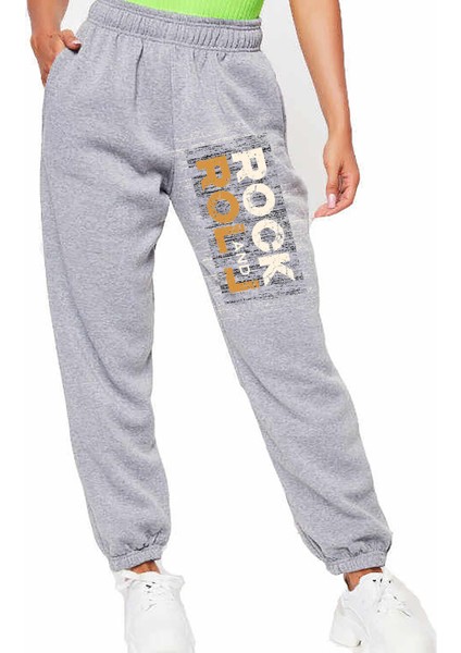Unisex Mevsimlik Kumaş Elastik Bel Baskılı Joggers Pantolon Eşofman Altı Gri