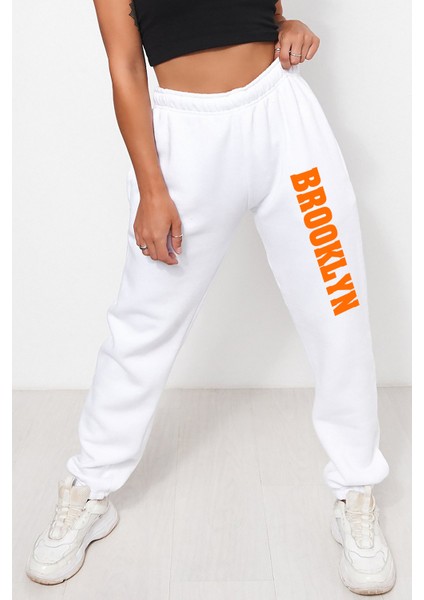 Unisex Mevsimlik Kumaş Elastik Bel Baskılı Joggers Pantolon Eşofman Altı Beyaz