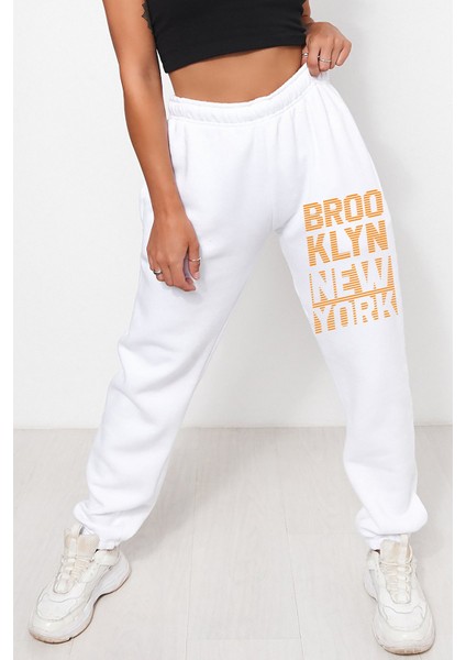 Unisex Mevsimlik Kumaş Elastik Bel Baskılı Joggers Pantolon Eşofman Altı Beyaz