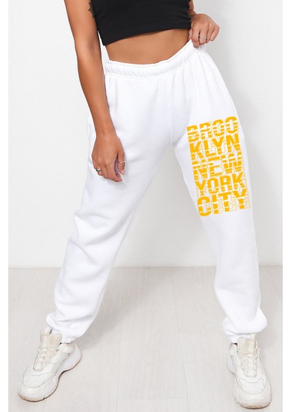 Unisex Mevsimlik Kumaş Elastik Bel Baskılı Joggers Pantolon Eşofman Altı Beyaz