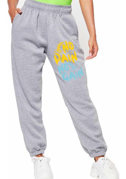 Unisex Mevsimlik Kumaş Elastik Bel Baskılı Joggers Pantolon Eşofman Altı Gri