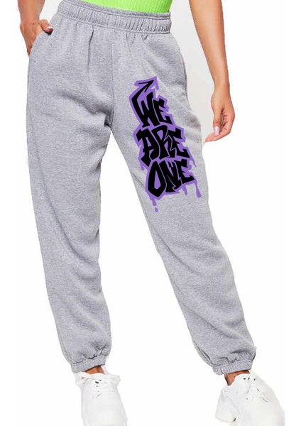 Unisex Mevsimlik Kumaş Elastik Bel Baskılı Joggers Pantolon Eşofman Altı Gri