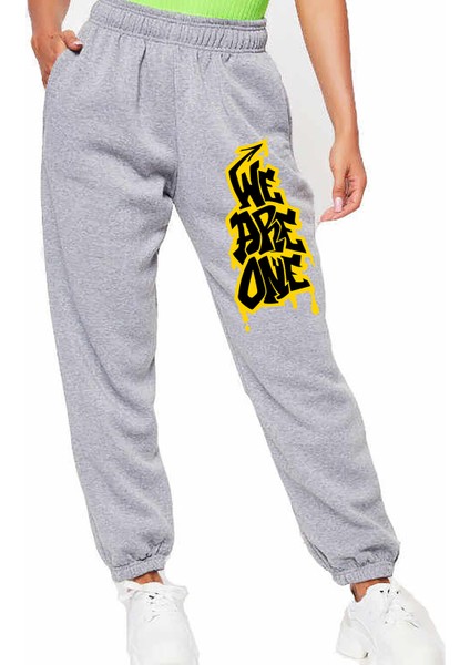 Unisex Mevsimlik Kumaş Elastik Bel Baskılı Joggers Pantolon Eşofman Altı Gri