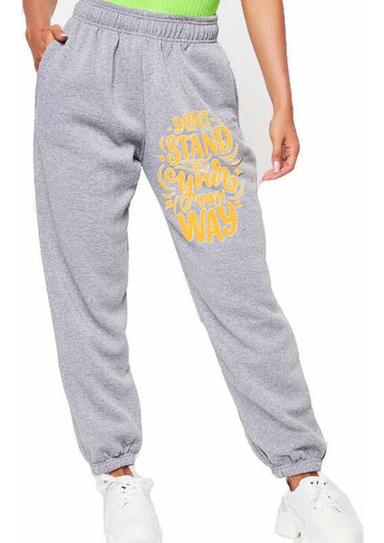 Unisex Mevsimlik Kumaş Elastik Bel Baskılı Joggers Pantolon Eşofman Altı Gri