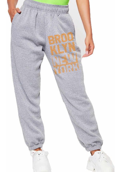 Unisex Mevsimlik Kumaş Elastik Bel Baskılı Joggers Pantolon Eşofman Altı Gri