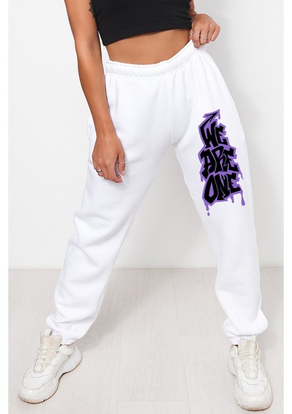 Unisex Mevsimlik Kumaş Elastik Bel Baskılı Joggers Pantolon Eşofman Altı Beyaz