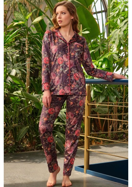 Fitilli Kadife Çiçek Baskılı Göğüs Cepli Uzun Kol Gömlek ve Pantolon Pijama Takım (9731)