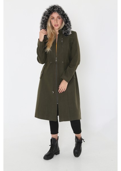 Kadın Kaşmir Kaşe Kapşonlu Kürklü Kaban Mont