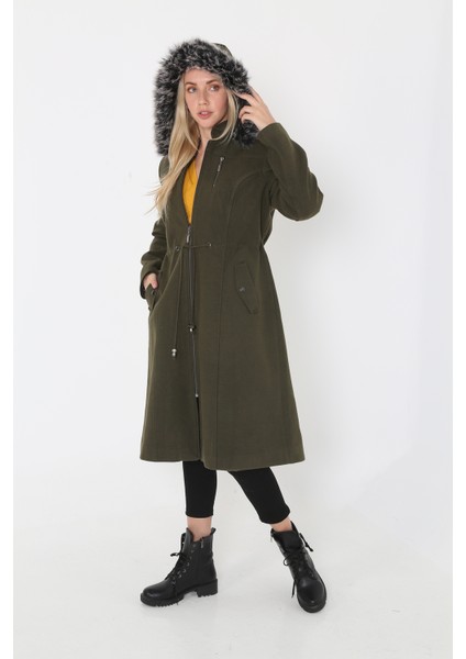 Kadın Kaşmir Kaşe Kapşonlu Kürklü Kaban Mont modelleri