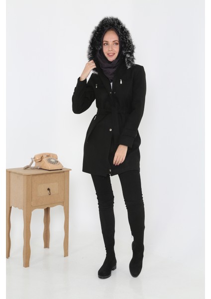 Kadın Kısa Kaşmir Kaşe Kapşonlu Kürklü Kaban Mont fiyatları