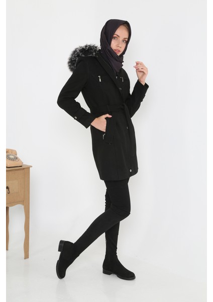 Kadın Kısa Kaşmir Kaşe Kapşonlu Kürklü Kaban Mont modelleri