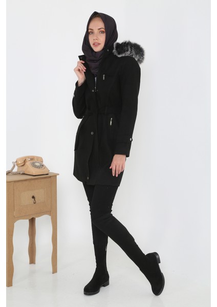 Kadın Kısa Kaşmir Kaşe Kapşonlu Kürklü Kaban Mont fırsatları