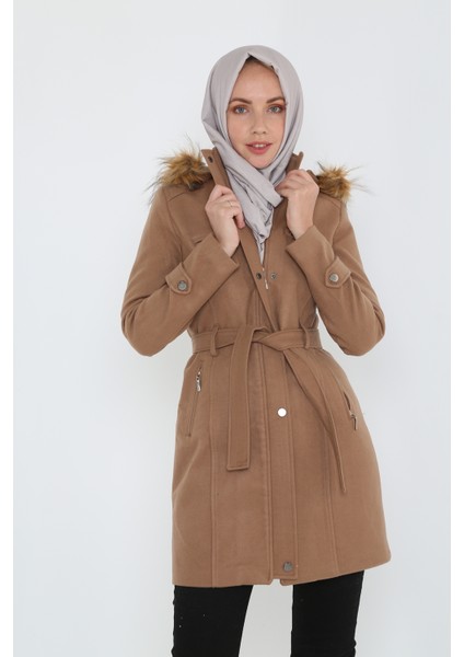 Kadın Kısa Kaşmir Kaşe Kapşonlu Kürklü Kaban Mont fiyatları