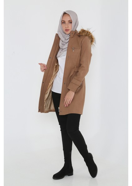 Kadın Kısa Kaşmir Kaşe Kapşonlu Kürklü Kaban Mont modelleri