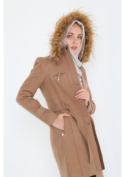 Kadın Kısa Kaşmir Kaşe Kapşonlu Kürklü Kaban Mont fırsatları