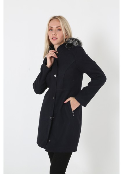 Kadın Kısa Kaşmir Kaşe Kapşonlu Kürklü Kaban Mont