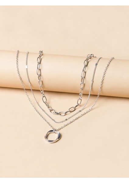 Bükümlü Yuvarlak Charm Katmanlı Kolye Gümüş Renk