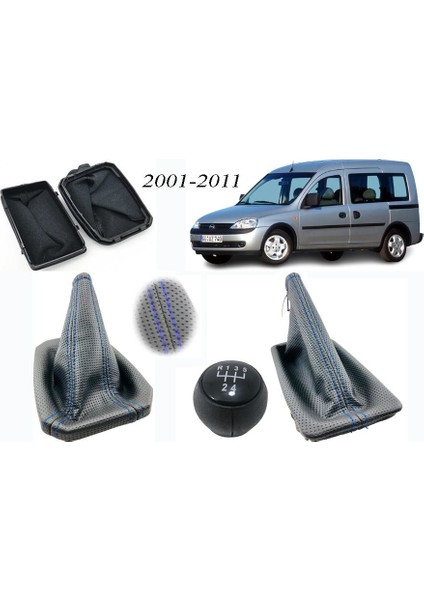 Opel Combo C Vites Körüğü + El Freni Körüğü + Vites Topuzu Delikli Deri Mavi Dikiş