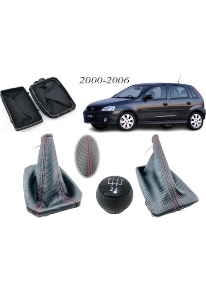 Opel Corsa C Vites Körüğü + El Freni Körüğü + Vites Topuzu Delikli Deri Kırmızı Dikiş