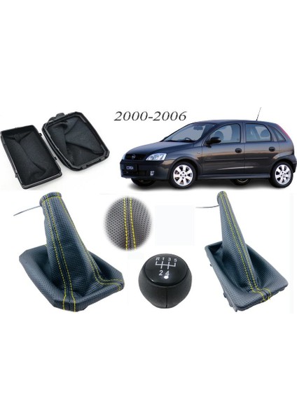 Opel Corsa C Vites Körüğü + El Freni Körüğü + Vites Topuzu Delikli Deri Sarı Dikiş