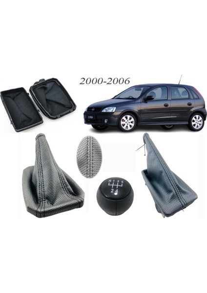 Opel Corsa C Vites Körüğü + El Freni Körüğü + Vites Topuzu Delikli Deri Siyah Dikiş
