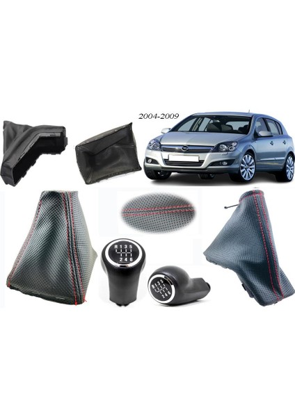 Opel Astra H Vites Körüğü + El Freni Körüğü + Vites Topuzu 6 Ileri Delikli Deri Kırmızı Dikiş