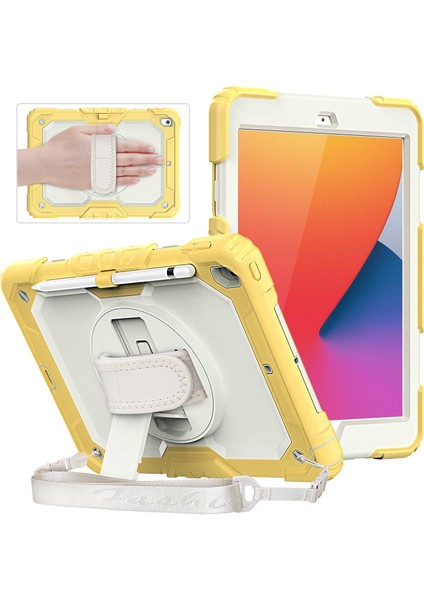 iPad 2021 9. Nesil Strap, Kalemlikli Tablet Kılıfı Darbe Savar Ekran Koruyuculu Askılı 360°DÖNEBILEN Kılıf