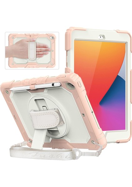 iPad 2021 9. Nesil Strap, Kalemlikli Tablet Kılıfı Darbe Savar Ekran Koruyuculu Askılı 360°DÖNEBILEN Kılıf