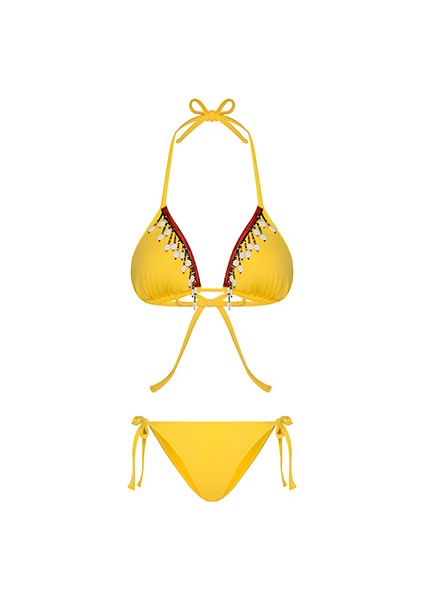 Boru Boncuk Aksesuarlı Sarı Üçgen Bikini Takımı