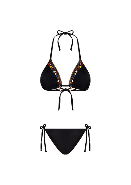 Boru Boncuklu Aksesuarlı Siyah Üçgen Bikini Takımı