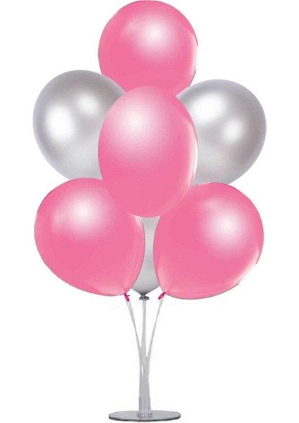 Balon Standı ve 7 Adet Metalik Pembe-Gümüş Balon Seti