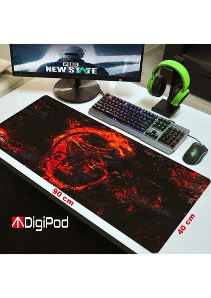 Gaming Oyuncu Mousepad 90X40 XXL Kaymaz Taban KIZIL EJDERHA 4mm Kalınlık