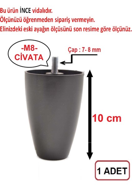 Armut Plastik Baza Ayağı Koltuk - Kanepe Ayağı Tek Adet Siyah 10 cm M8 Vida (Vida Ölçüsüne Dikkat)