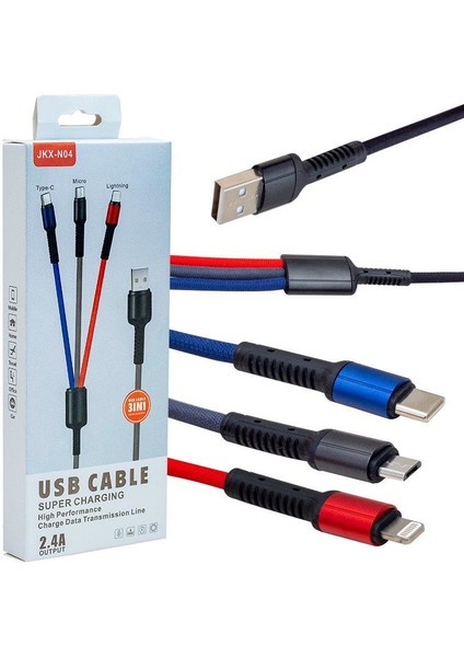 Üçlü Hızlı Şarj ve Data Kablosu 2.4A JKX-N04 Lightning Type-C Micro USB