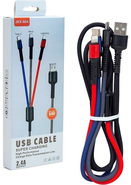 Üçlü Hızlı Şarj ve Data Kablosu 2.4A JKX-N04 Lightning Type-C Micro USB