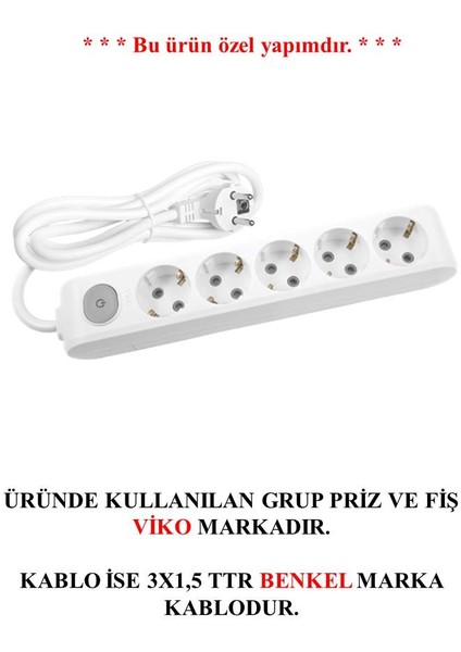 5'li Anahtarlı Topraklı Çocuk Korumalı Grup Priz 6 Metre