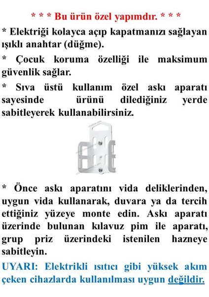 5'li Anahtarlı Topraklı Çocuk Korumalı Grup Priz 6 Metre