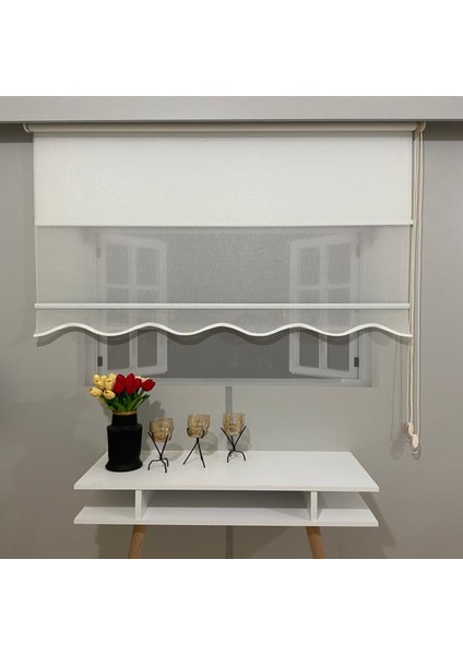 VP1650 Çift Mekanizmalı Tül ve Stor Perde Beyaz Pırıltı Desenli Etek Dilimli 110 x 200