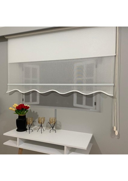 VP1650 Çift Mekanizmalı Tül ve Stor Perde Beyaz Pırıltı Desenli Etek Dilimli 110 x 200
