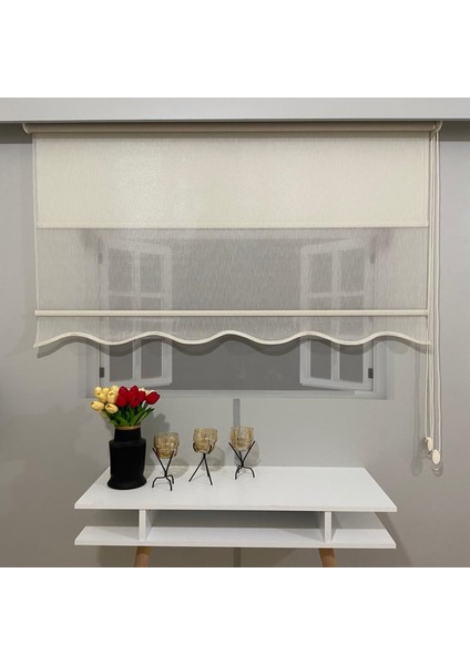 VP1651 Çift Mekanizmalı Tül ve Stor Perde Krem Pırıltı Desenli Etek Dilimli 140 x 200