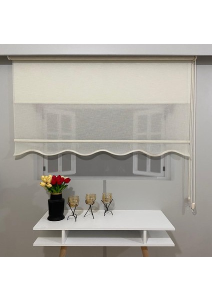 VP1661 Çift Mekanizmalı Tül ve Stor Perde Krem Naturel Keten Etek Dilimli 80 x 200